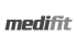 Schwarzes und graues "medifit"-Logo auf dunkelgrünem Hintergrund.
