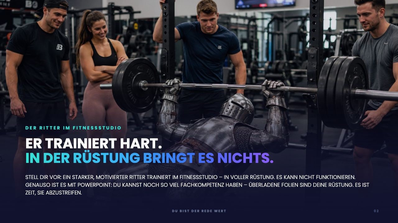 Folie Der Ritter im Fitnessstudio: Er trainiert hart, in der Rüstung bringt es nichts