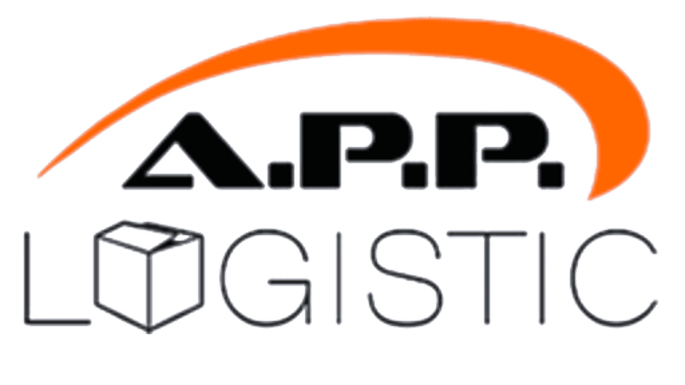 A.P.P. LOGISTIC Logo mit schwarzem Text, orangefarbenem Bogen und einer Kartonbox anstelle des "O" in Logistic.