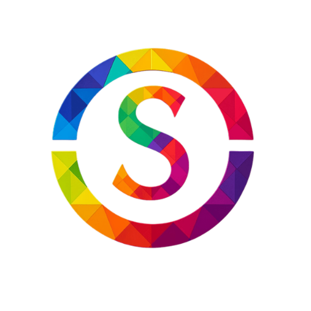 Bunter Kreis mit einem "S" in der Mitte, beide mit kleinen, dreieckigen Facetten.