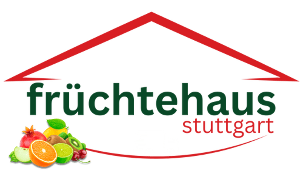Logo: rotes Dach, darunter "früchtehaus" in Grün, "stuttgart" in Rot, Obsthaufen und weißer Lieferwagen.