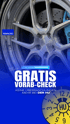 Silberne Felge und Bremsscheibe eines Autos mit TUV Nord Logo und Text "GRATIS VORAB-CHECK" auf blauem Hintergrund.
