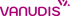 Lila Vanudis Logo Schriftzug auf schwarzem Hintergrund mit geometrischem Symbol oben rechts.
