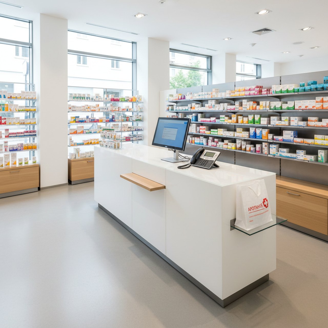 Apotheker am HV-Tisch mit Kasse, Monitor und Warenregalen