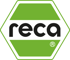 Grünes Sechseck mit weißem Rand und dem schwarzen Schriftzug "reca" und eingekreistem "R"-Symbol.