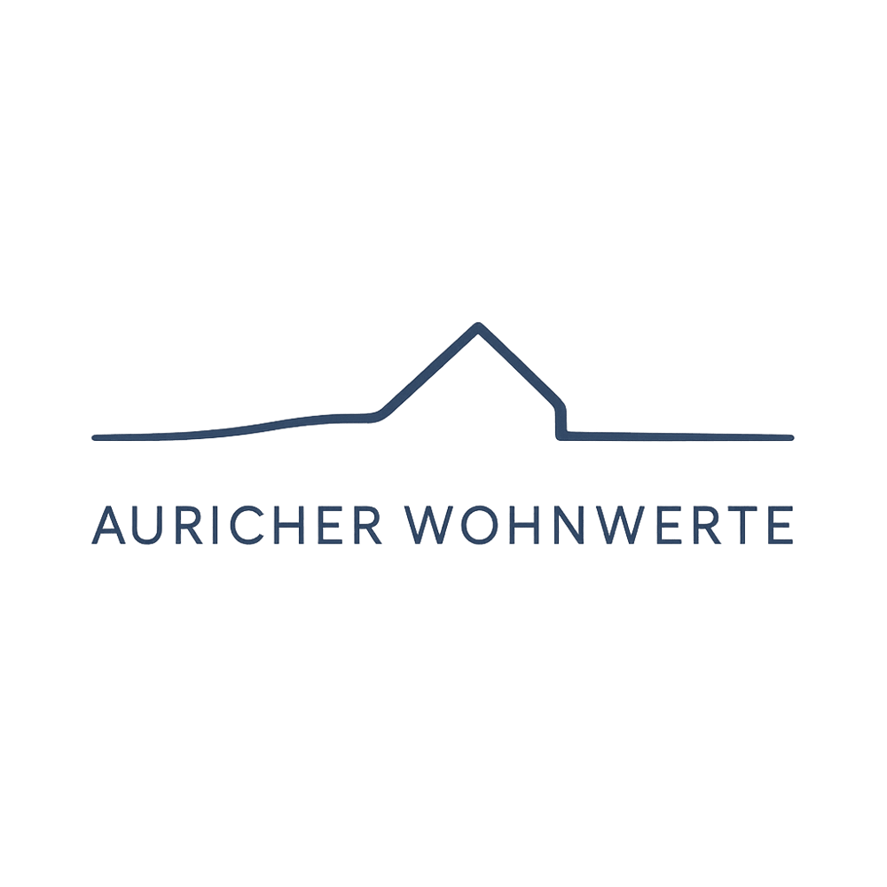 Dunkelblaues Logo von Auricher Wohnwerte mit stilisiertem Hausdach auf grünem Hintergrund.
