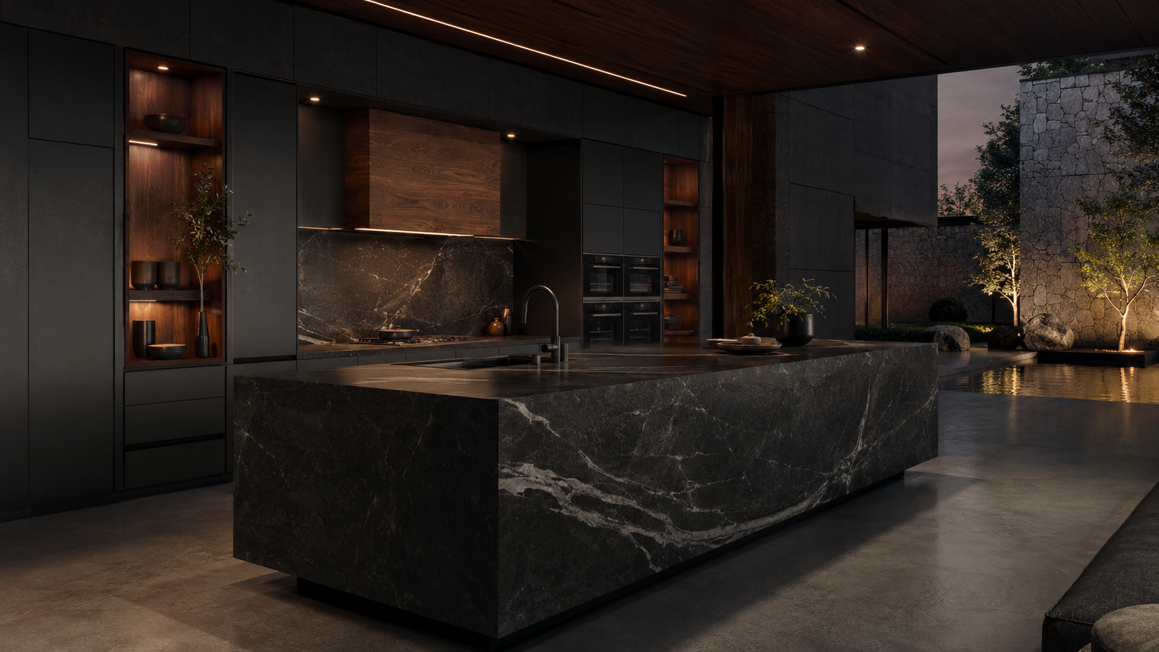 Concepto nocturno de cocina premium en piedra negra