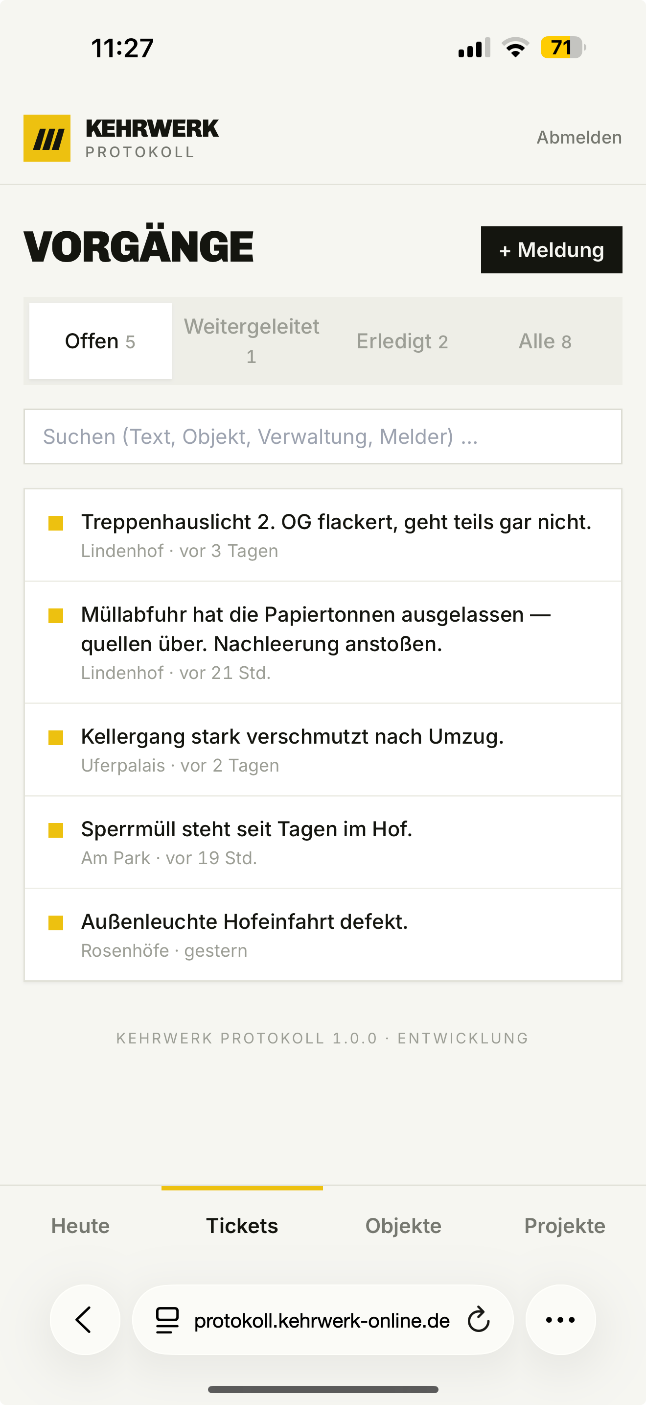 Kehrwerk Protokoll — Vorgänge