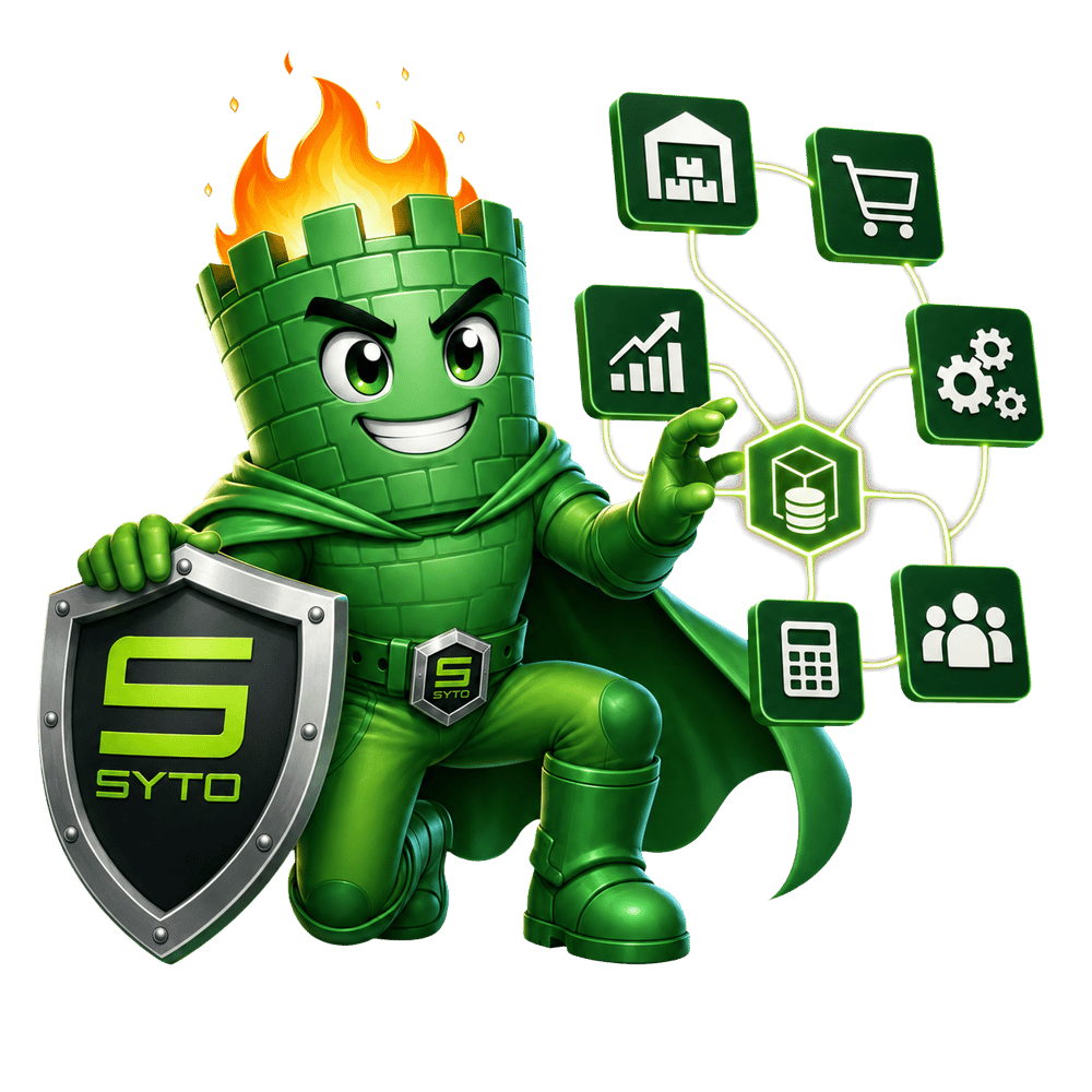 Grüne SYTO-Figur mit Schild und Symbolen für Lager, Handel und Datenverarbeitung als Sinnbild für ERP-Software