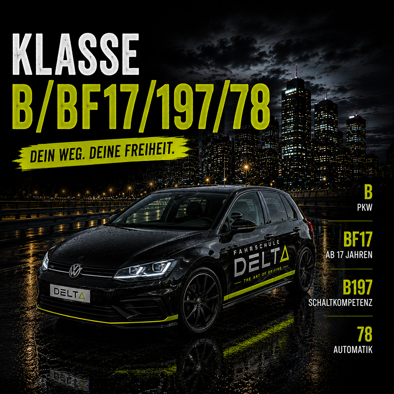 Bei uns in der Fahrschule DELTA in Mannheim kannst du deinen Führerschein der Klasse B erwerben. Wir bieten auch B197 mit Schaltkompetenz oder B78 als reinen Automatikführerschein an. BF17 das begleitete Fahren mit 17 geht bei uns in der Fahrschule DELTA in Mannheim natürlich auch ohne Problem.