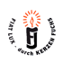 Schwarze Kerze mit Flamme, umgeben von "FIAT LUX . durch KERZEN FUCHS" in einem Kreis.