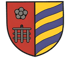 Wappen mit roter linker Hälfte, oben graue Blüte, unten graues Gitter; rechte Hälfte gold und lila gestreift.