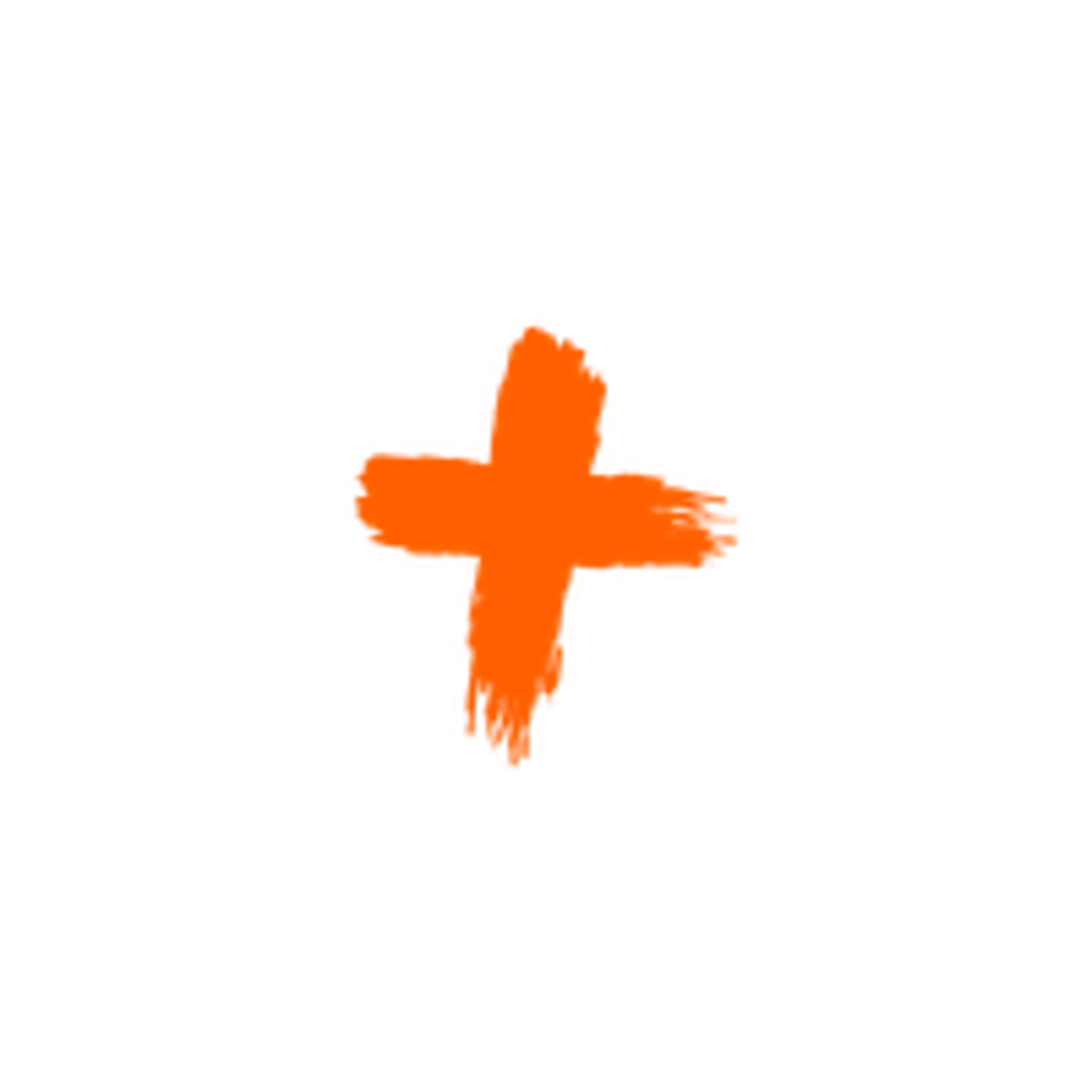 Orangesfarbenes Pluszeichen auf dunkelgrünem Hintergrund.