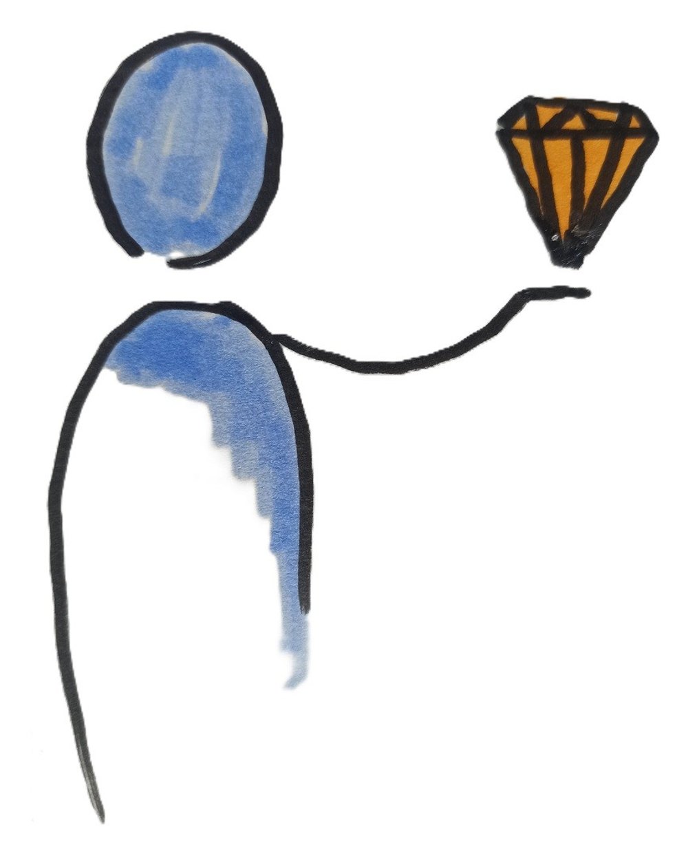 Strichmännchen in Blau hält einen orangefarbenen Diamanten in der ausgestreckten Hand.