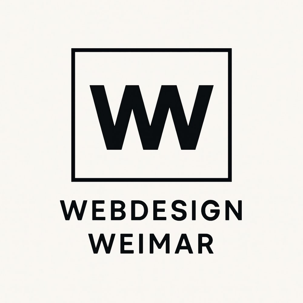 Logo von Webdesign Weimar: Schwarze, stilisierte "WW"-Buchstaben in einem Quadrat, darunter der Text "WEBDESIGN WEIMAR".
