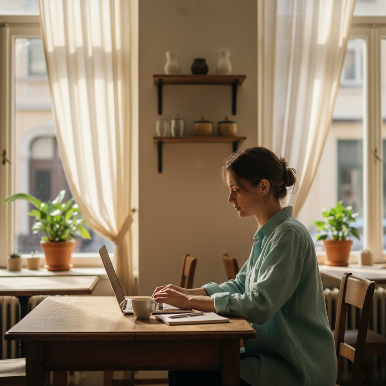 Person am Laptop im Restaurant