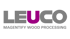 LEUCO Logo mit grauer Schrift, wobei das "U" pink ist, und dem Slogan "MAGENTIFY WOOD PROCESSING".