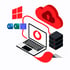 Ein Laptop mit Vodafone-Logo, verbunden mit einer roten Cloud, einem Server und Microsoft Office-Anwendungen.