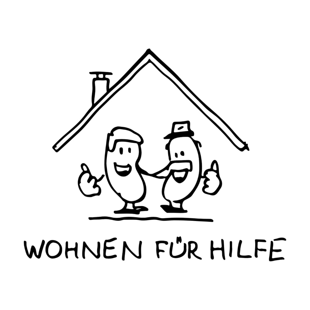 Schwarz-weiße Zeichnung mit zwei Bohnenfiguren unter einem Hausdach und dem Schriftzug „Wohnen für Hilfe“.