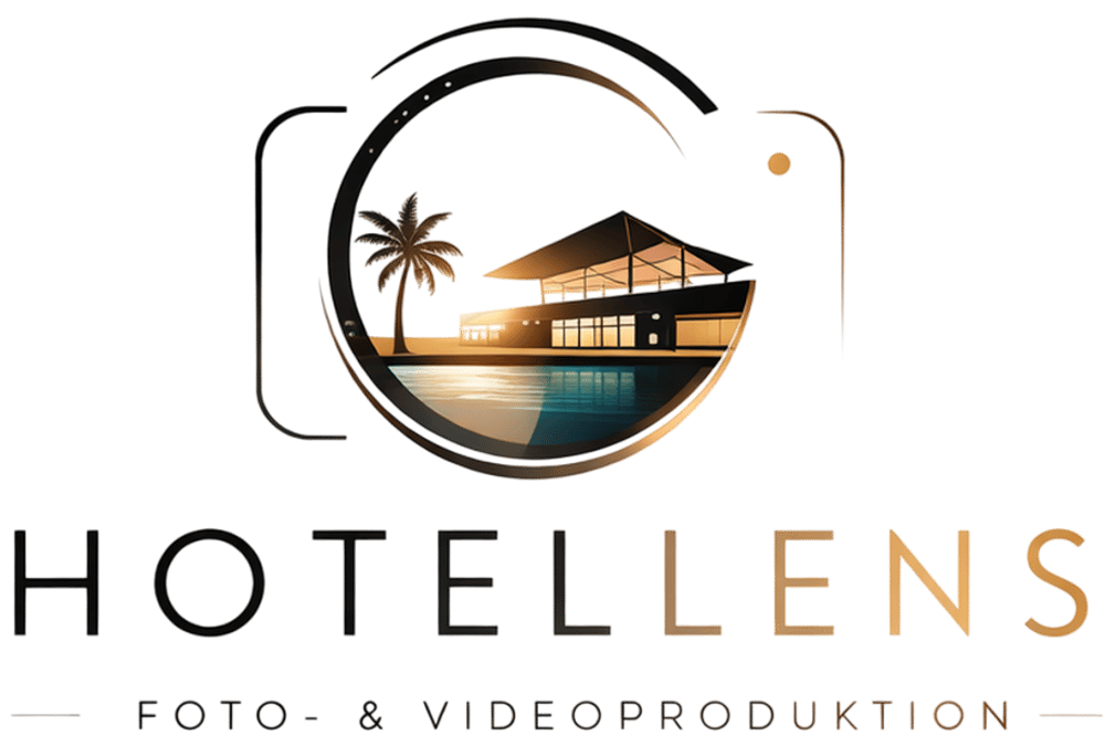 Logo: HotelLens Foto- & Videoproduktion, mit Kamera-Symbol um ein Hotel und Palme bei Sonnenuntergang.