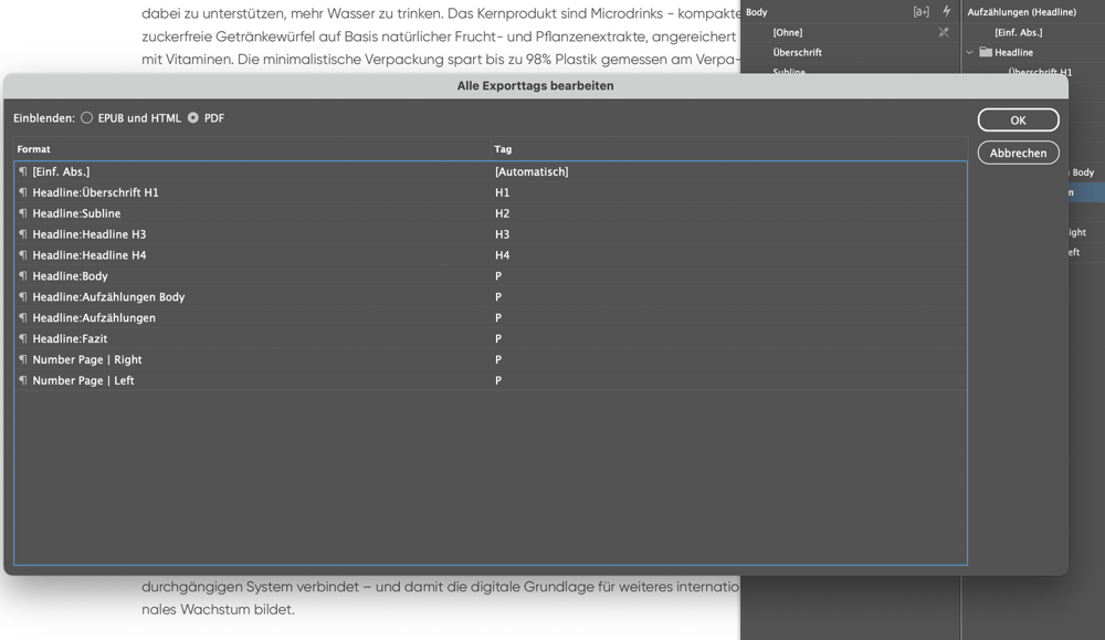 Export-Tags in den Absatzformaten