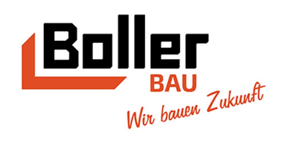 Boller BAU Logo mit Slogan "Wir bauen Zukunft" in Schwarz und Orange auf weißem Hintergrund.