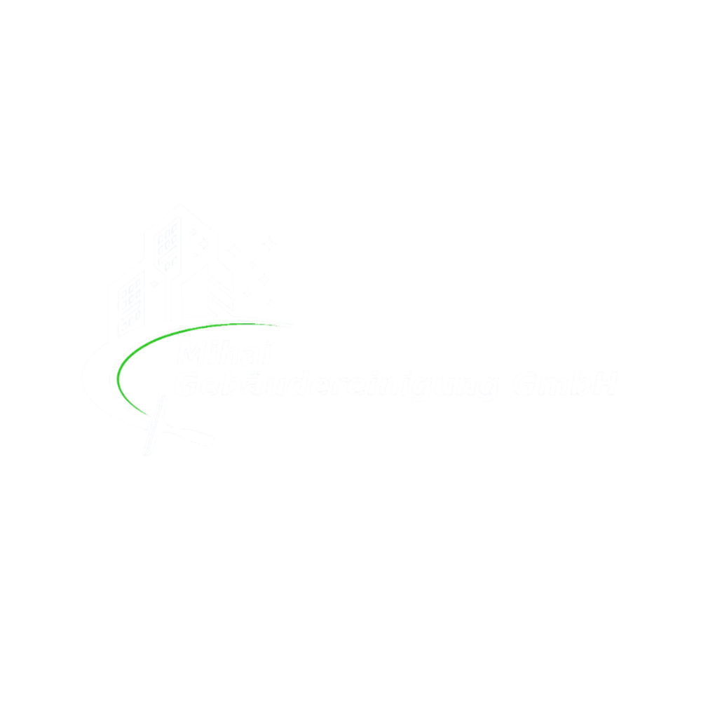 Logo: Mihal Gebäudereinigung GmbH mit stilisierten Gebäuden, einer geschwungenen Linie und einem Wischmopp.