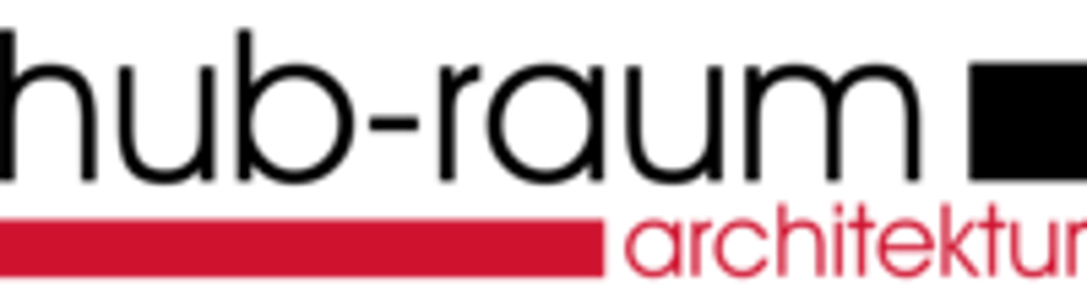 Schwarzes Logo mit den Wörtern "hub-raum" und einem Quadrat, darunter ein roter Balken mit dem Wort "architektur".