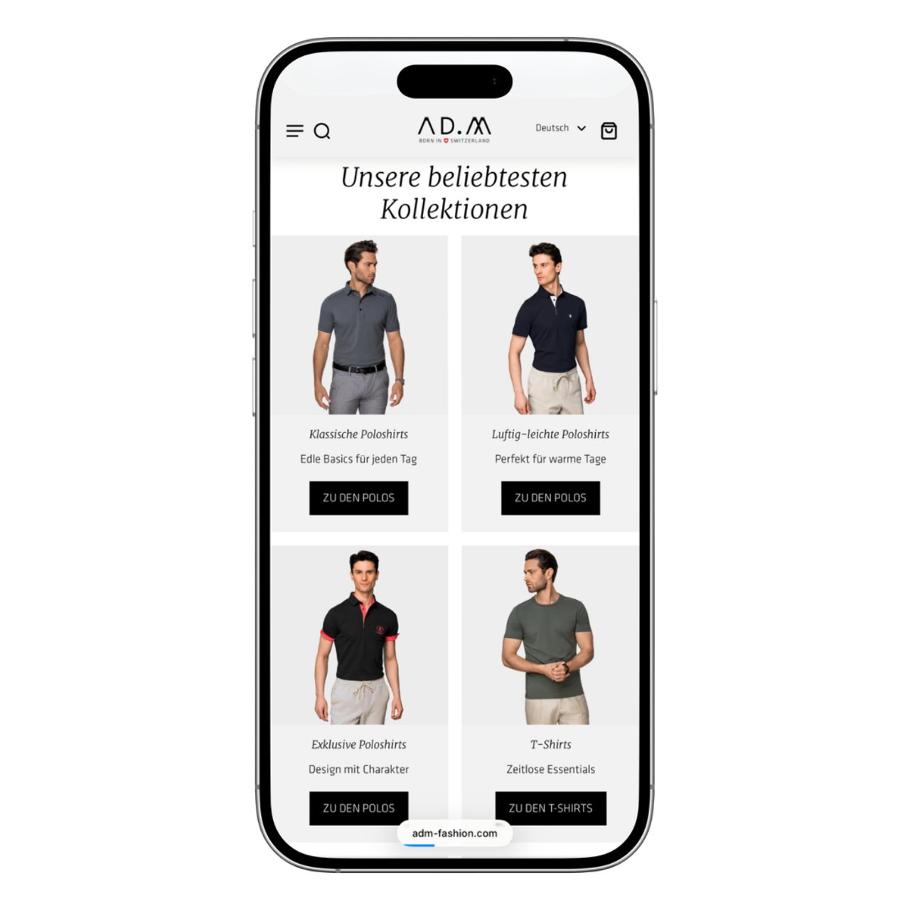 Smartphone-Bildschirm zeigt die AD.M-Website mit vier Kollektionen: Klassische Poloshirts, Luftig-leichte Poloshirts, Exklusive Poloshirts, T-Shirts.