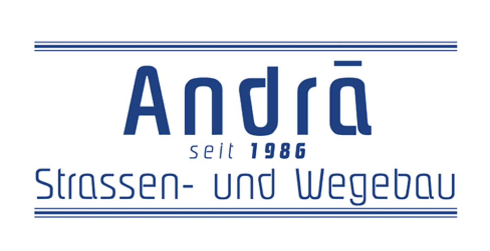 Andrä seit 1986, Straßen- und Wegebau Logo in Blau auf weißem Hintergrund mit doppelten Linien.