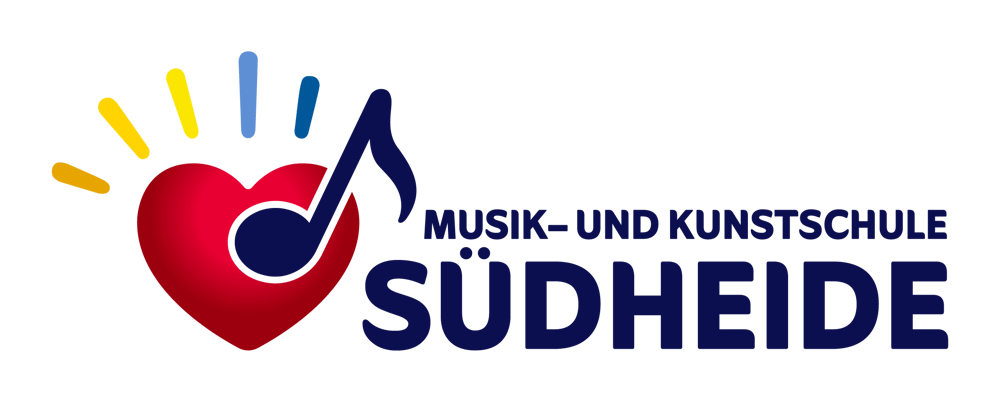 Logo der Musik- und Kunstschule Südheide mit rotem Herz, Musiknote und farbigen Strahlen.