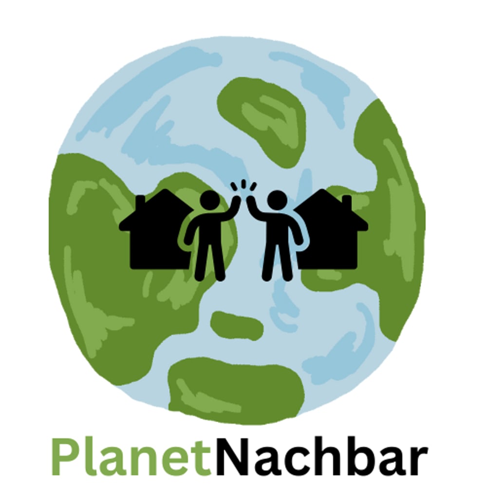 Globus mit zwei Häusern und zwei Personen, die sich die Hände reichen. Darunter steht „PlanetNeighbor“.