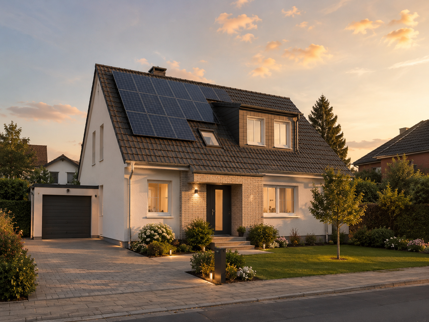 Fertiges Haus mit neuem Dach und Photovoltaik