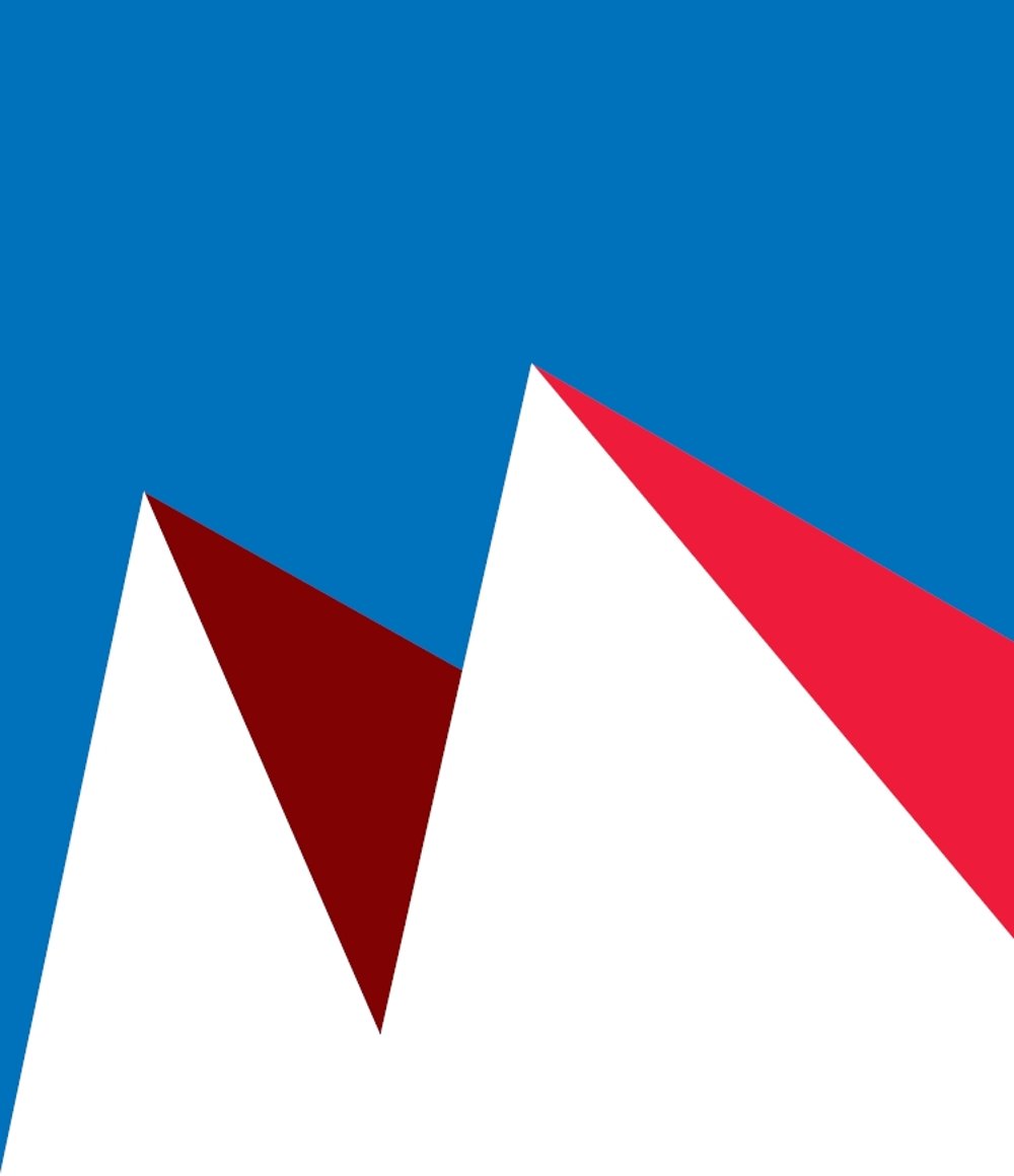 Abstrakte Darstellung von Bergen mit weißem Schnee und roten Felsen unter blauem Himmel.