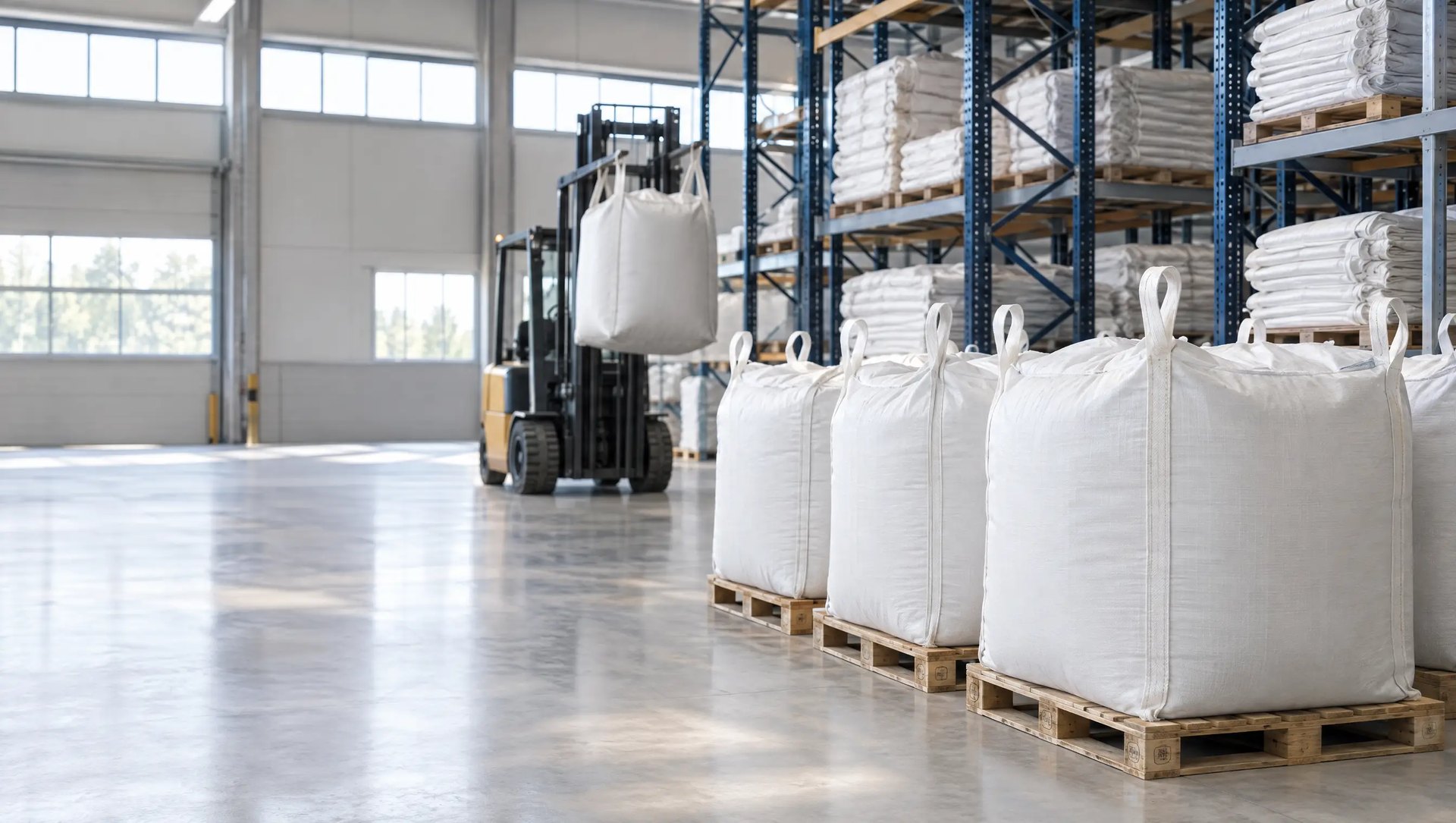 Gefüllte Big Bags auf Paletten im Lager