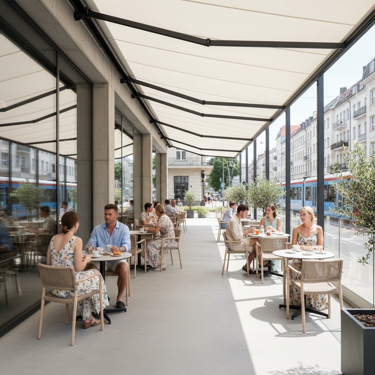 Großflächige Markisen-Beschattung auf einer Gastronomie-Terrasse