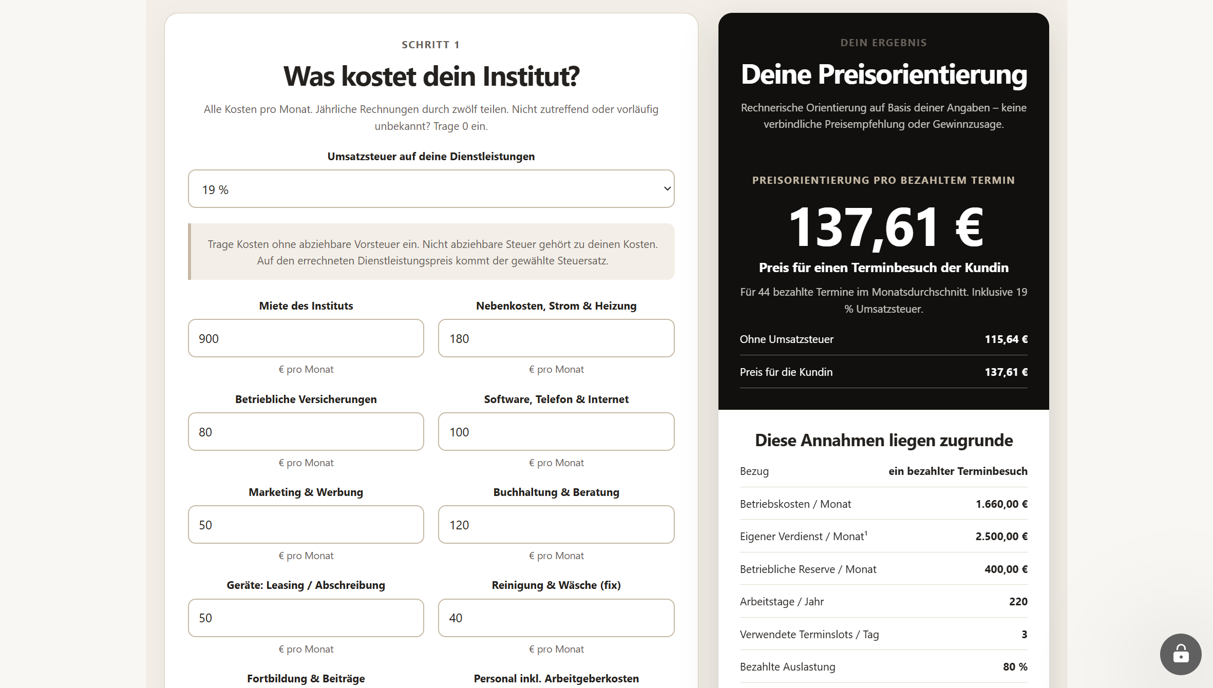 Der BEAUTY FUTUREPROOF Kalkulationsrechner mit Eingabefeldern und Preisorientierung