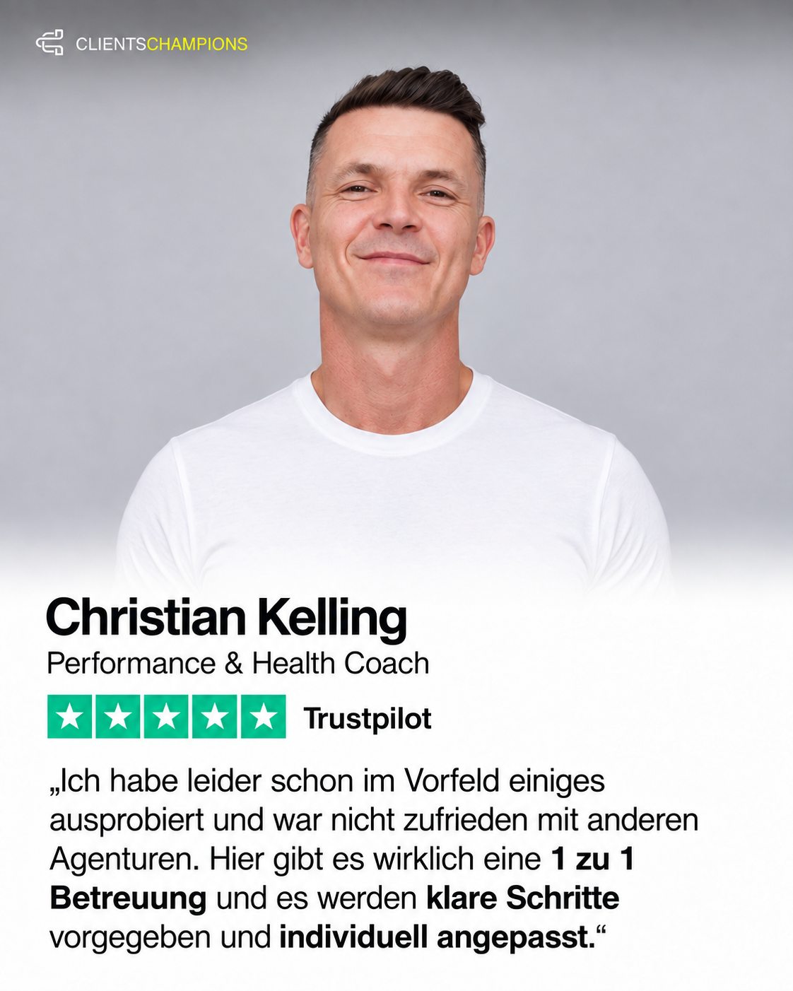 Kundenbewertung von Christian Kelling mit Porträt und fünf Sternen