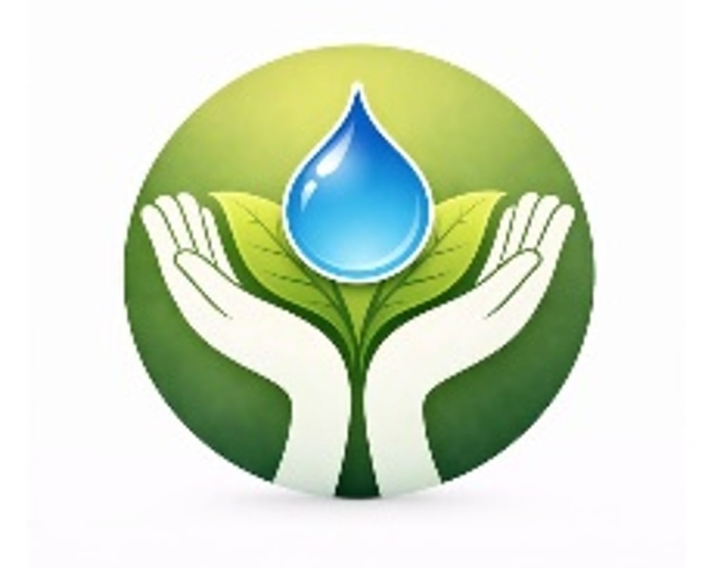 Hände halten grüne Blätter, die einen blauen Wassertropfen tragen, auf einem grünen Kreis.