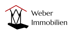 Logo "Weber Immobilien" mit stilisiertem schwarzen Haus und rotem Dach auf dunkelgrünem Hintergrund.