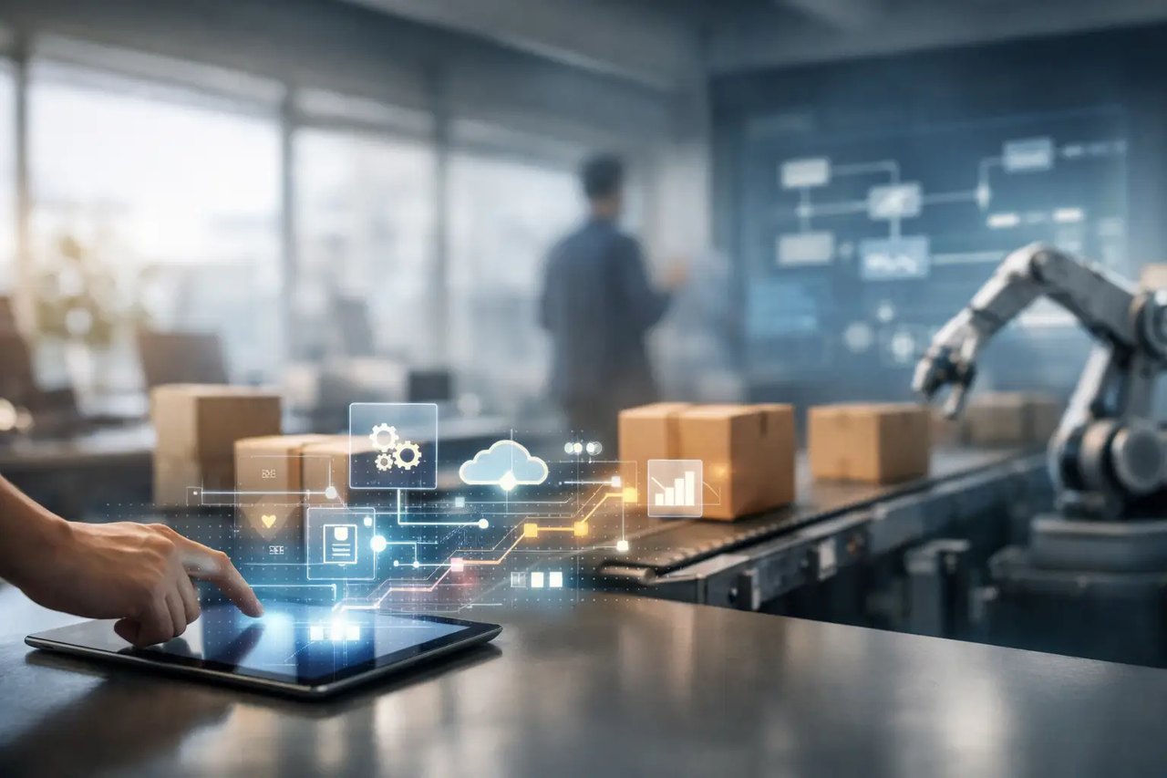 Ein Tablet steuert eine automatisierte Fabrik mit Förderband, Paketen, Roboterarm und digitalen Cloud-Icons.