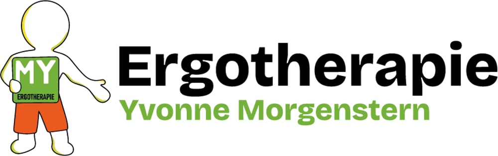 Logo der Ergotherapie Yvonne Morgenstern mit einer stilisierten Figur, die ein grünes Schild mit der Aufschrift MY hält.