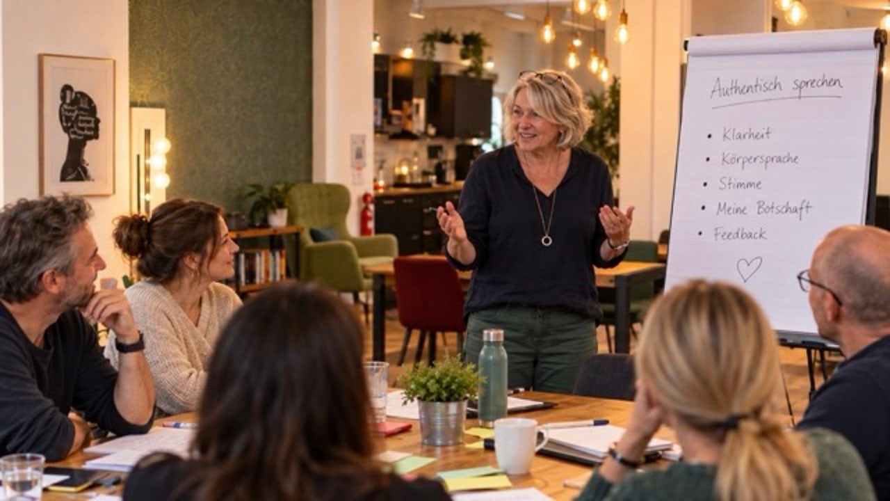 Trainerin am Flipchart mit den Punkten Klarheit, Körpersprache, Stimme, Botschaft und Feedback, die Gruppe hört zu