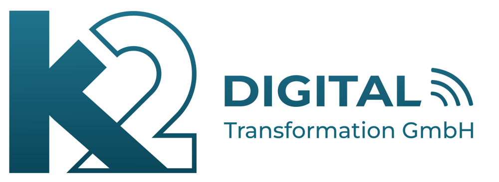 Logo von K2 Digital Transformation GmbH mit stilisiertem blauem "K", grauem "2" und Wellensymbol.