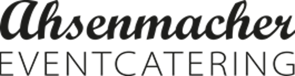 Black text on a dark green background reads "Ahsenmacher" in script and "EVENTCATERING" in block letters.