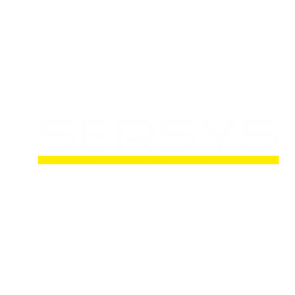 SERSYS SmartHomeSolution Logo, weißer Text und gelbe Linie auf dunkelgrünem Hintergrund.