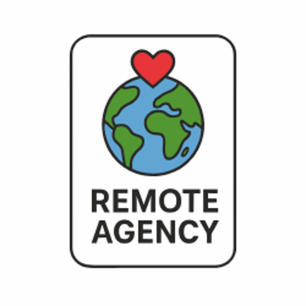 Ein Logo mit der Aufschrift „REMOTE AGENCY“ unter einer Weltkugel mit einem roten Herz.