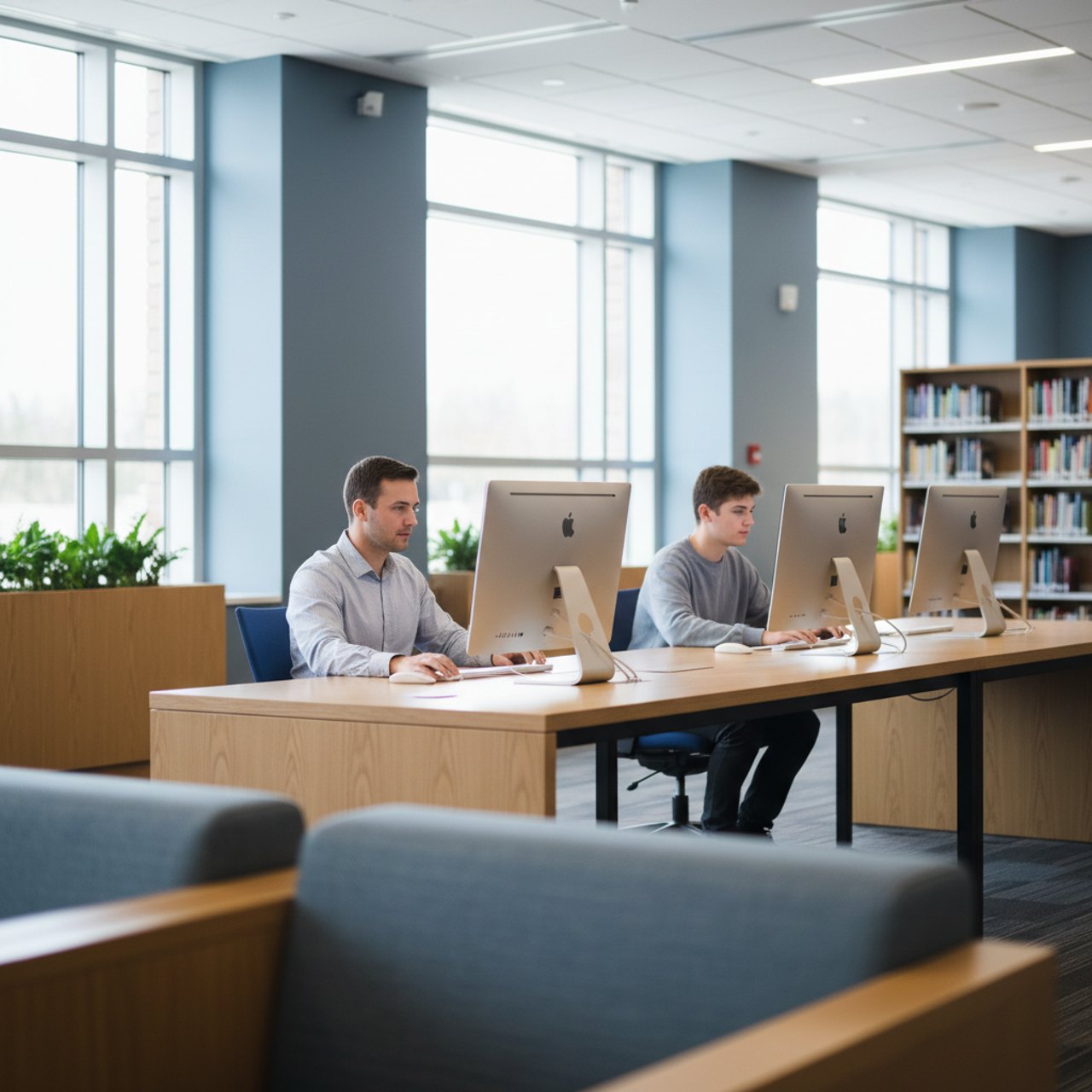 Mitarbeitende an Computerarbeitsplätzen in einer öffentlichen Bibliothek