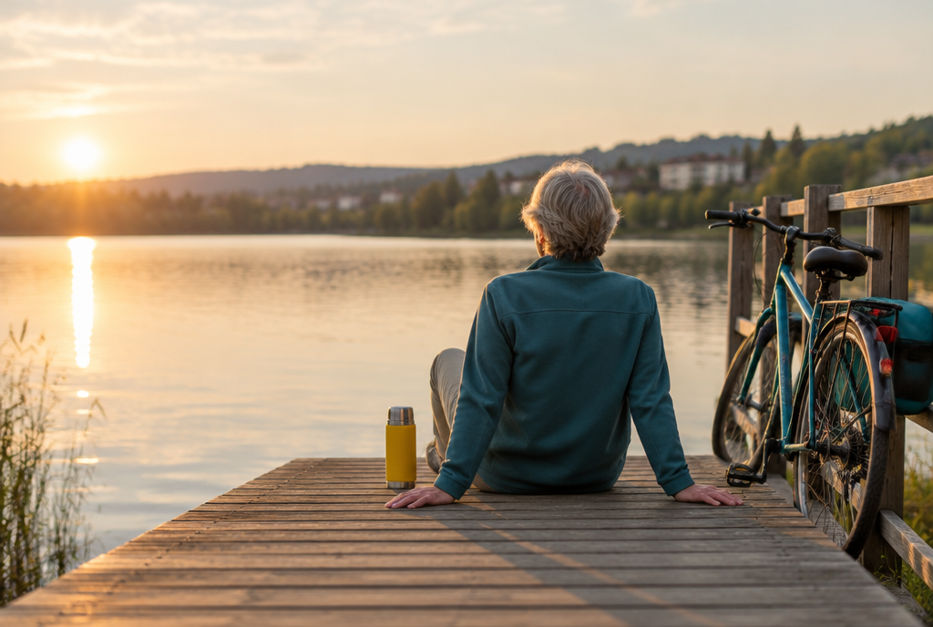 Älterer Mensch sitzt von hinten gesehen auf einem Holzsteg am See, Fahrrad am Geländer