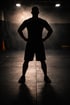 Dunkle Silhouette eines Mannes in Sporthose mit den Händen in den Hüften, stehend in einem nebligen Raum.